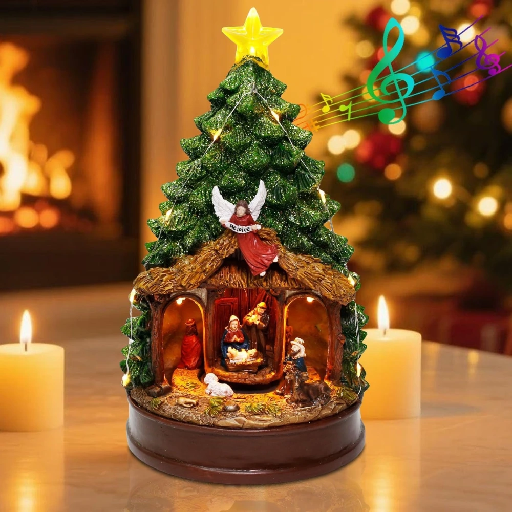 Lighted Christmas Tree Nativity Scene Figurines – Music and Animated ...