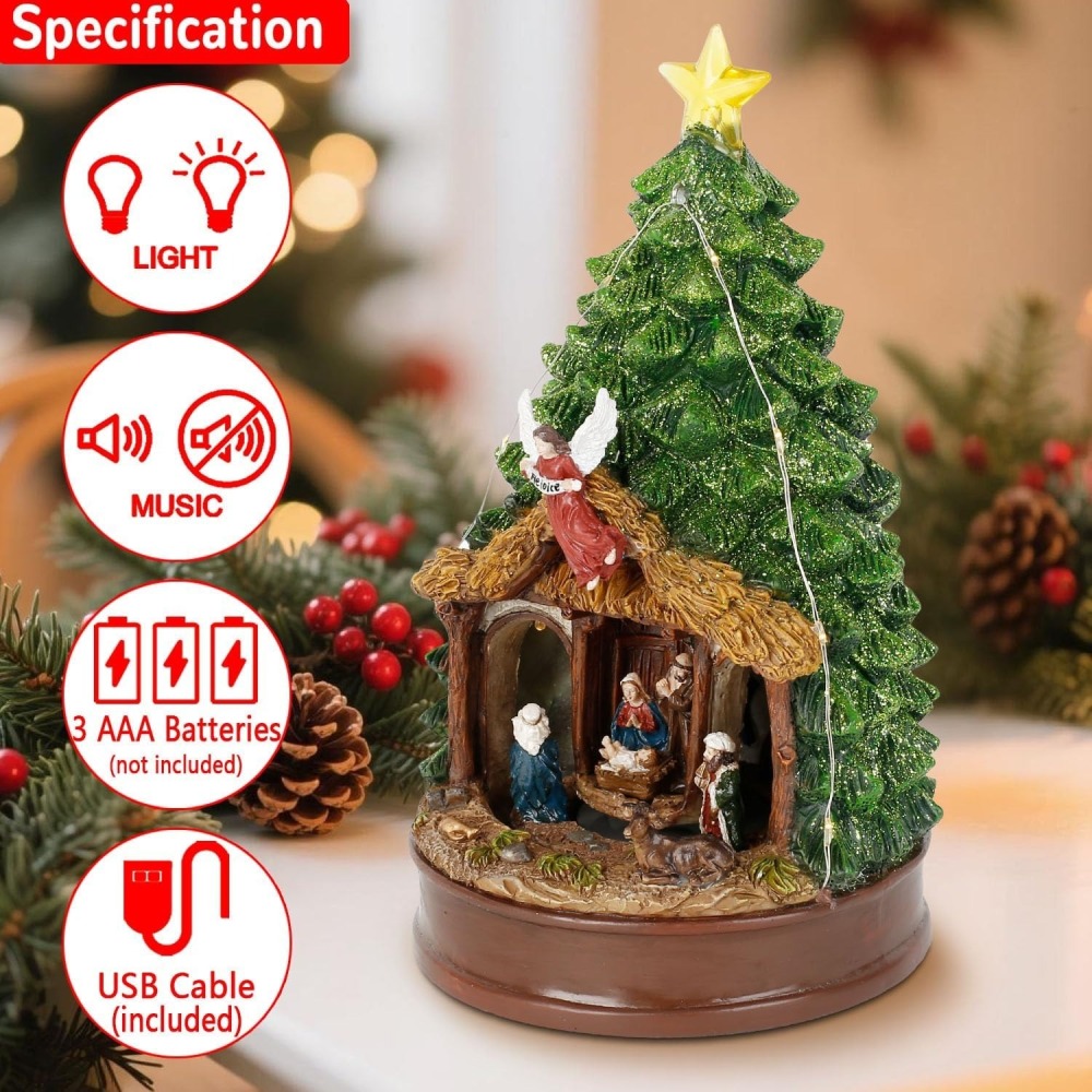 Lighted Christmas Tree Nativity Scene Figurines – Music and Animated Holiday Decoration with Angel, Star & Manger – Collectible Tabletop Scene, 9.84" Tall