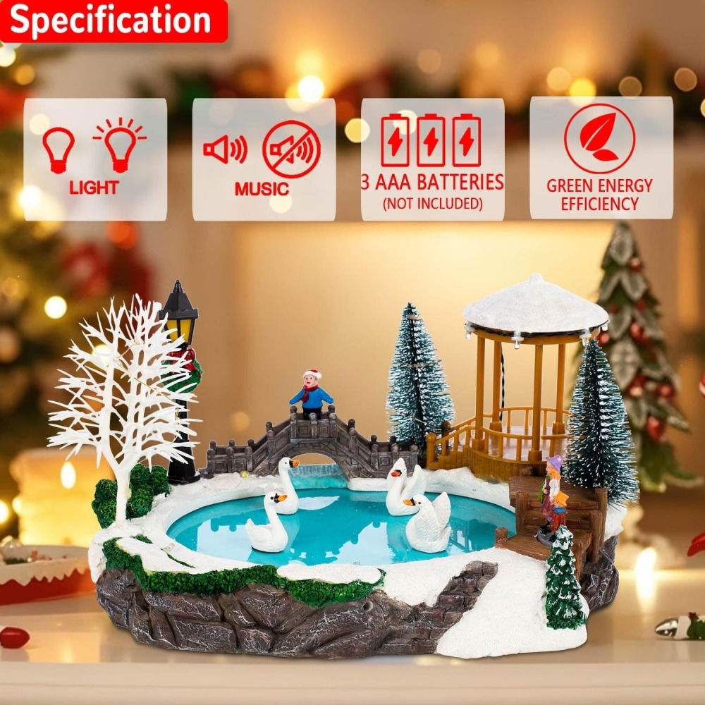 Animated Christmas Village Scene and Swan Pond - Winter Ice Scene with Moving Swan Figurines – Lighted Music Holiday Indoor Decor for Tabletop or Mantel Display
