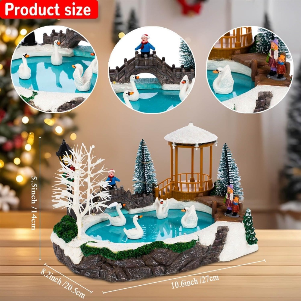 Animated Christmas Village Scene and Swan Pond - Winter Ice Scene with Moving Swan Figurines – Lighted Music Holiday Indoor Decor for Tabletop or Mantel Display