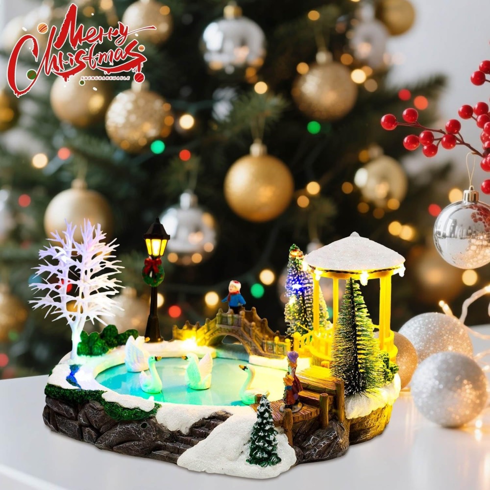 Animated Christmas Village Scene and Swan Pond - Winter Ice Scene with Moving Swan Figurines – Lighted Music Holiday Indoor Decor for Tabletop or Mantel Display
