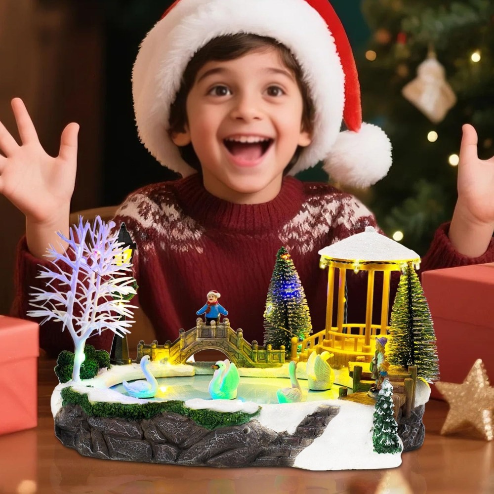 Animated Christmas Village Scene and Swan Pond - Winter Ice Scene with Moving Swan Figurines – Lighted Music Holiday Indoor Decor for Tabletop or Mantel Display