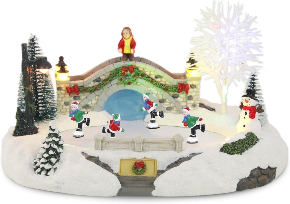 Animated Christmas Village Skating Scene, Collection Building Figurines Lights Ice Skating Rink Christmas Village Accessory, Musical by USB only