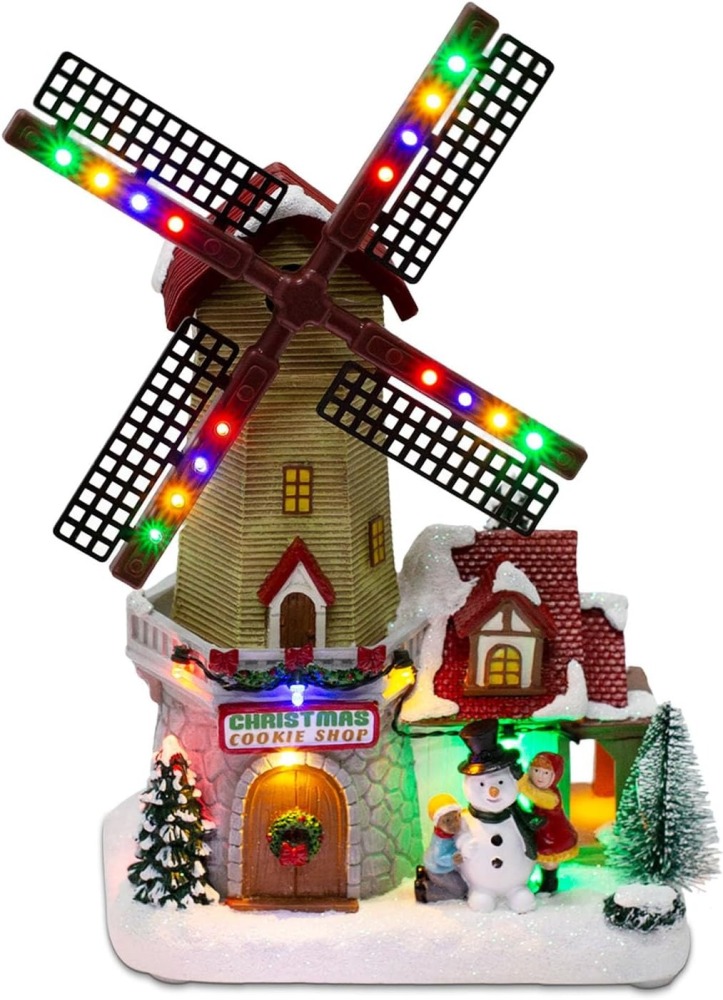 Animated Christmas Village Windmill Décor – Pre-lit LED Lights and Musical Winter Snow Scene with Rotating Windmill, Holiday Decor Figurines for Party Centerpiece or Tabletop Display