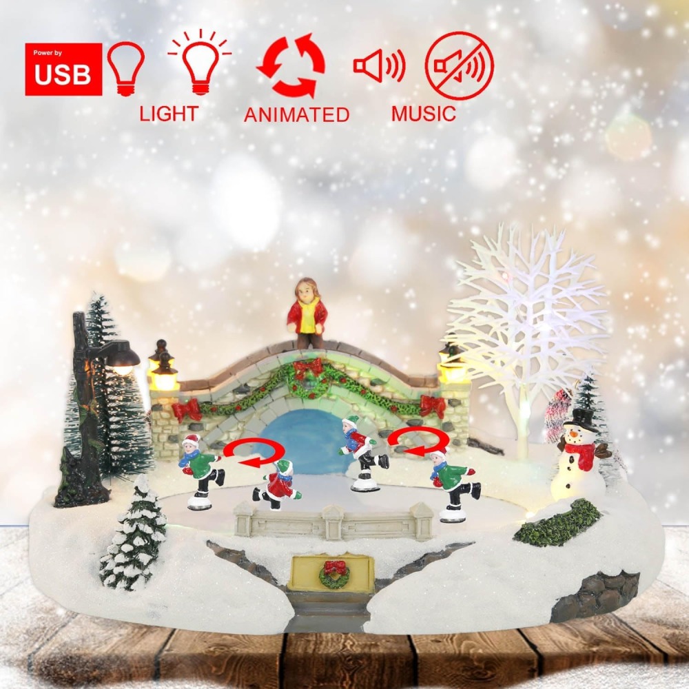 Animated Christmas Village Skating Scene, Collection Building Figurines Lights Ice Skating Rink Christmas Village Accessory, Musical by USB only