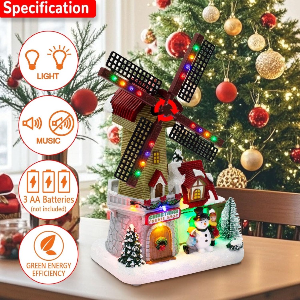 Animated Christmas Village Windmill Décor – Pre-lit LED Lights and Musical Winter Snow Scene with Rotating Windmill, Holiday Decor Figurines for Party Centerpiece or Tabletop Display