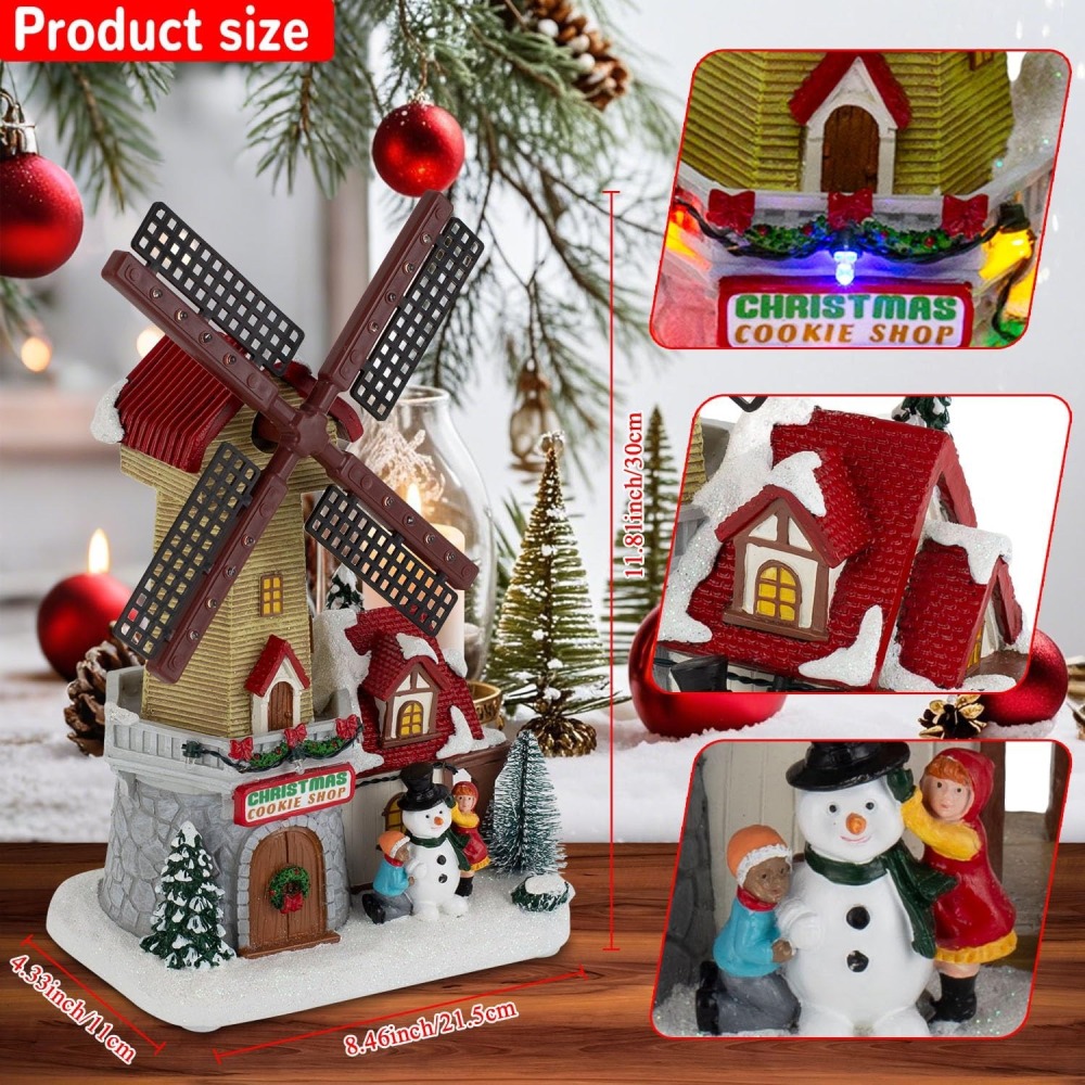 Animated Christmas Village Windmill Décor – Pre-lit LED Lights and Musical Winter Snow Scene with Rotating Windmill, Holiday Decor Figurines for Party Centerpiece or Tabletop Display