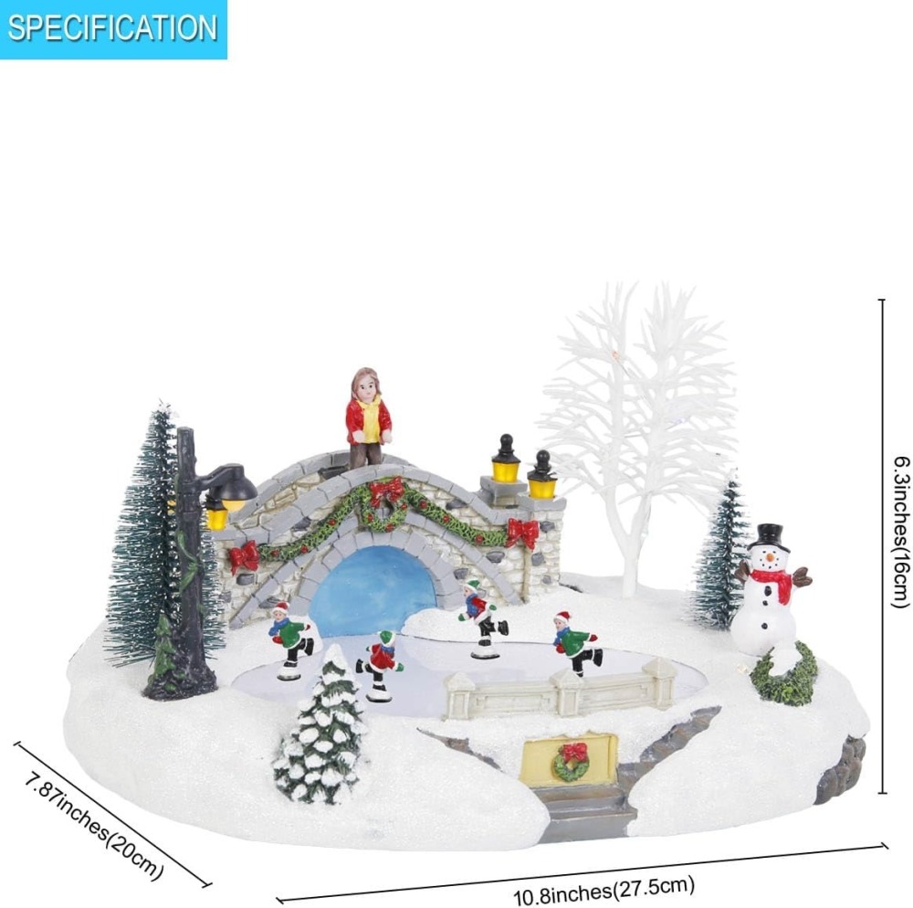 Animated Christmas Village Skating Scene, Collection Building Figurines Lights Ice Skating Rink Christmas Village Accessory, Musical by USB only