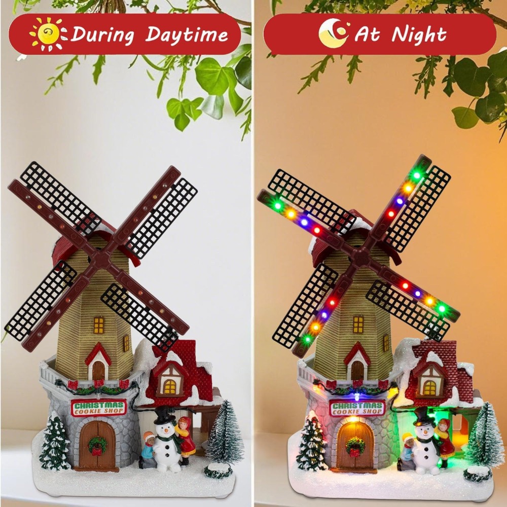 Animated Christmas Village Windmill Décor – Pre-lit LED Lights and Musical Winter Snow Scene with Rotating Windmill, Holiday Decor Figurines for Party Centerpiece or Tabletop Display