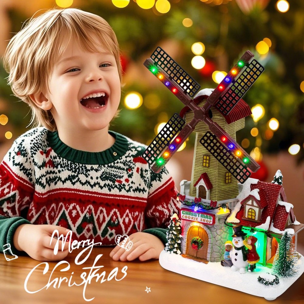 Animated Christmas Village Windmill Décor – Pre-lit LED Lights and Musical Winter Snow Scene with Rotating Windmill, Holiday Decor Figurines for Party Centerpiece or Tabletop Display