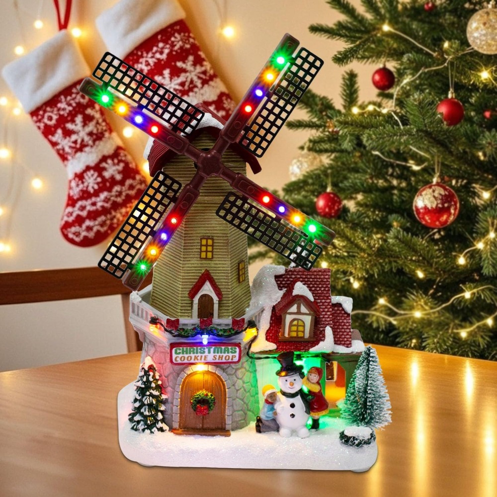 Animated Christmas Village Windmill Décor – Pre-lit LED Lights and Musical Winter Snow Scene with Rotating Windmill, Holiday Decor Figurines for Party Centerpiece or Tabletop Display