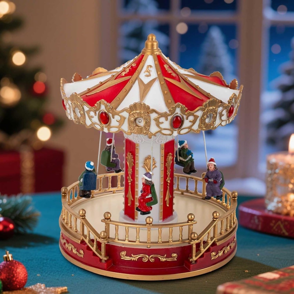 Animated Christmas Carousel with Musical LED-Light – Battery Operated Holiday Tabletop Decoration, Collectible Figurine Merry-Go-Round for Indoor Village Display (Christmas Carousel Horse)