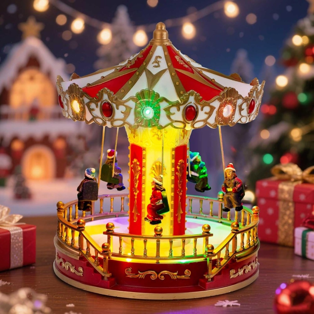 Animated Christmas Carousel with Musical LED-Light – Battery Operated Holiday Tabletop Decoration, Collectible Figurine Merry-Go-Round for Indoor Village Display (Christmas Carousel Horse)
