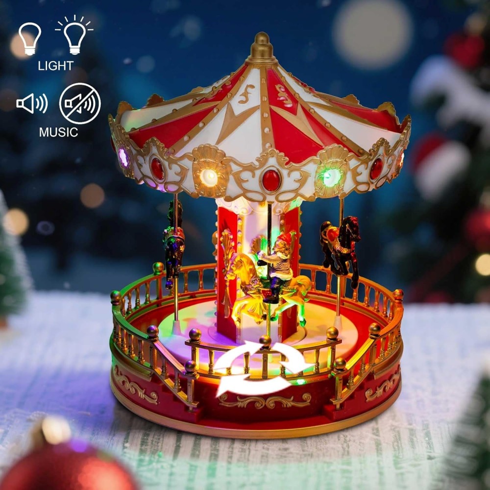 Animated Christmas Carousel with Musical LED-Light – Battery Operated Holiday Tabletop Decoration, Collectible Figurine Merry-Go-Round for Indoor Village Display (Christmas Carousel Horse)