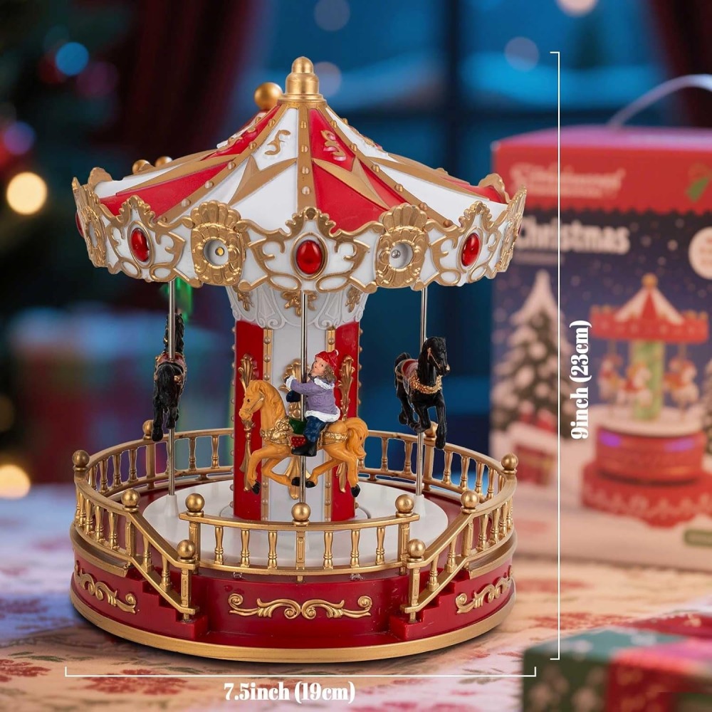 Animated Christmas Carousel with Musical LED-Light – Battery Operated Holiday Tabletop Decoration, Collectible Figurine Merry-Go-Round for Indoor Village Display (Christmas Carousel Horse)