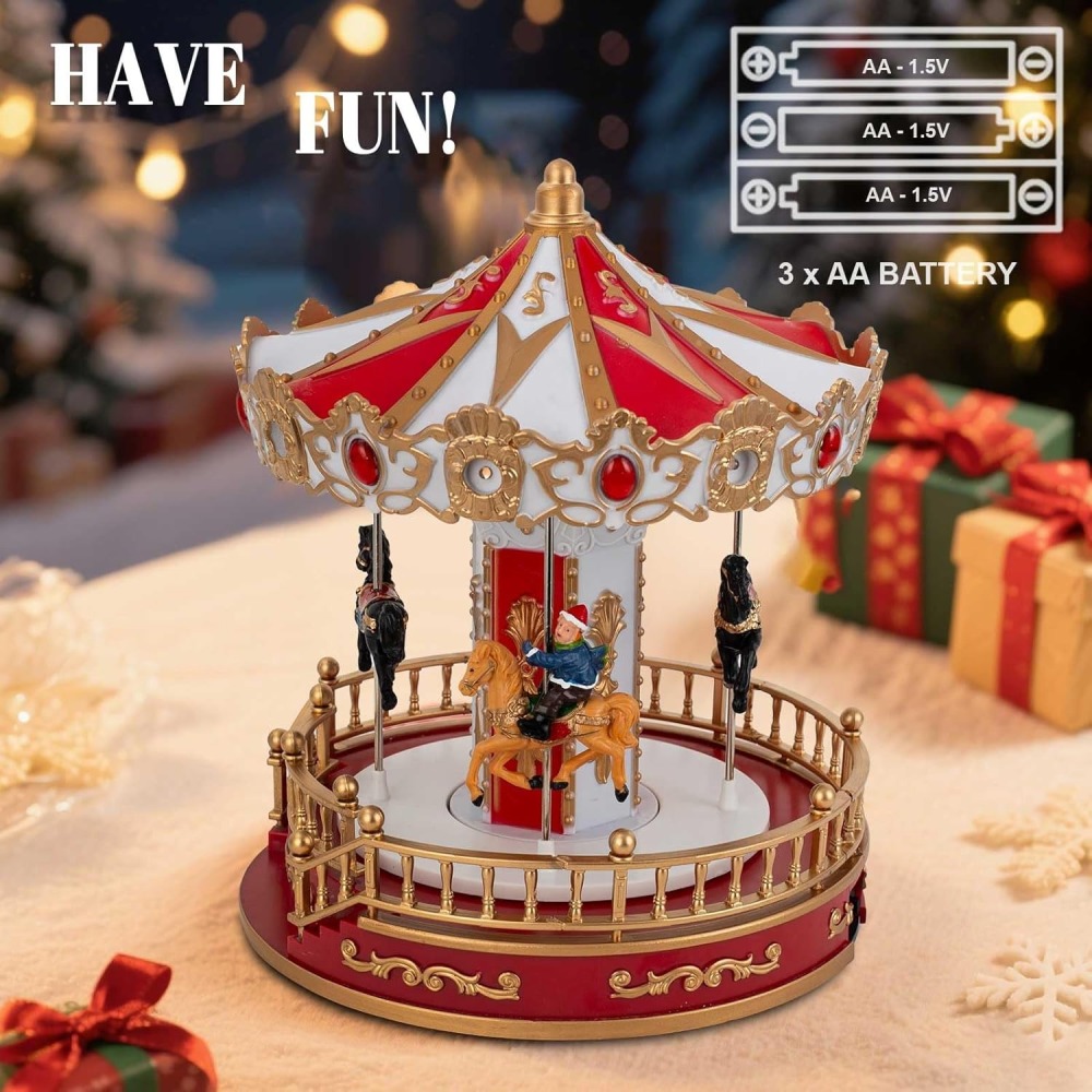 Animated Christmas Carousel with Musical LED-Light – Battery Operated Holiday Tabletop Decoration, Collectible Figurine Merry-Go-Round for Indoor Village Display (Christmas Carousel Horse)