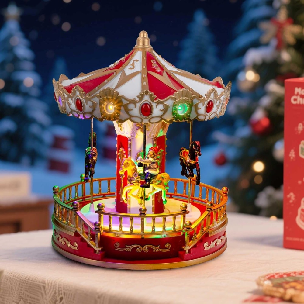 Animated Christmas Carousel with Musical LED-Light – Battery Operated Holiday Tabletop Decoration, Collectible Figurine Merry-Go-Round for Indoor Village Display (Christmas Carousel Horse)