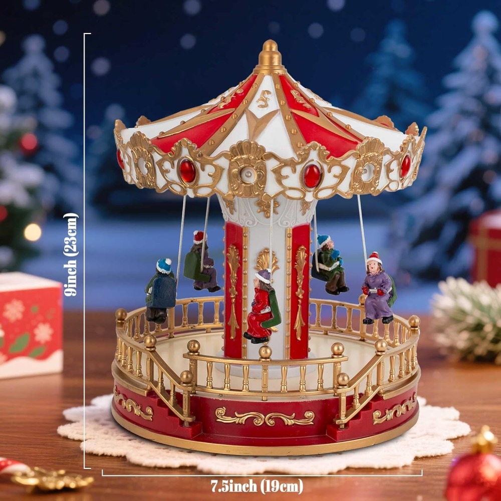 Animated Christmas Carousel with Musical LED-Light – Battery Operated Holiday Tabletop Decoration, Collectible Figurine Merry-Go-Round for Indoor Village Display (Christmas Carousel Horse)