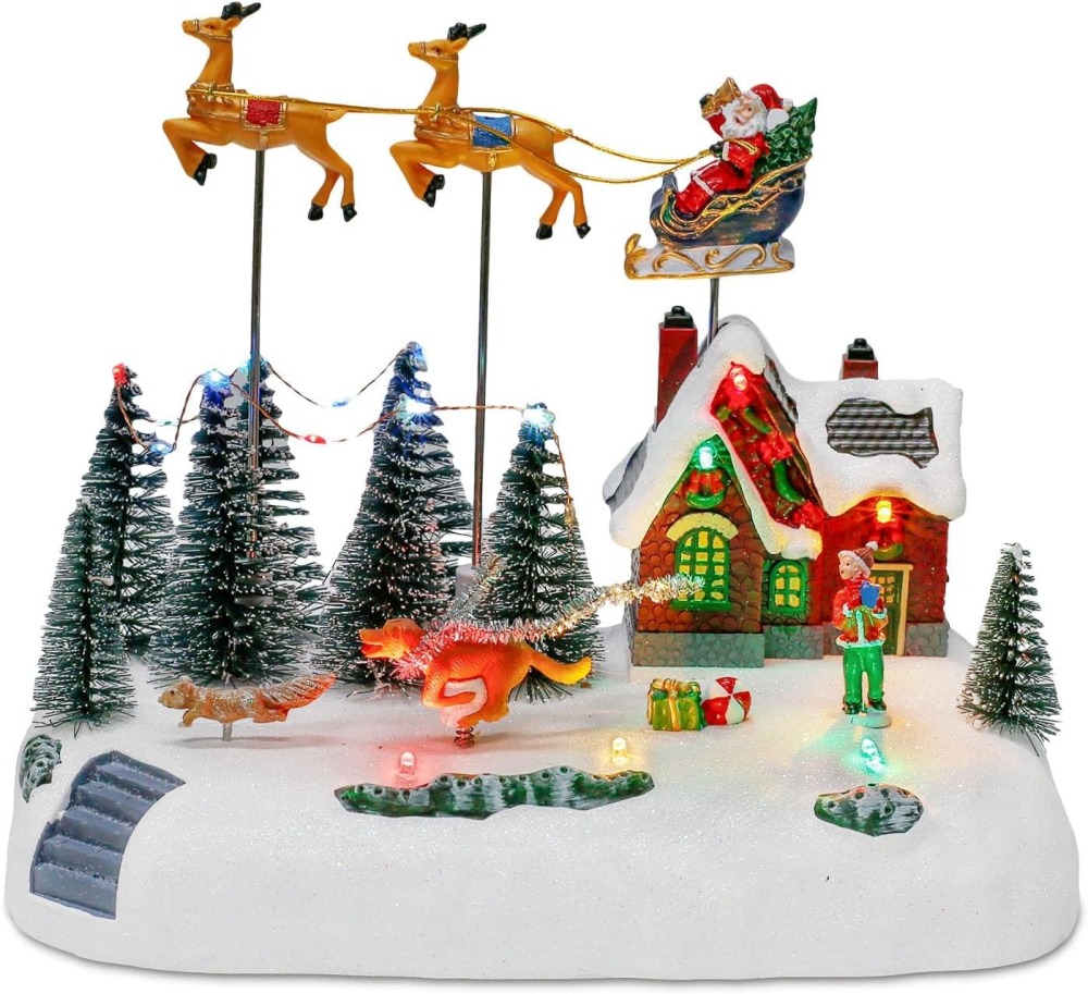Animated Christmas Village with Santa Sleigh and Reindeer, LED Lighted House Village with Moving Figurines, Musical Indoor Christmas Decoration, Holiday Collectible Display Scene