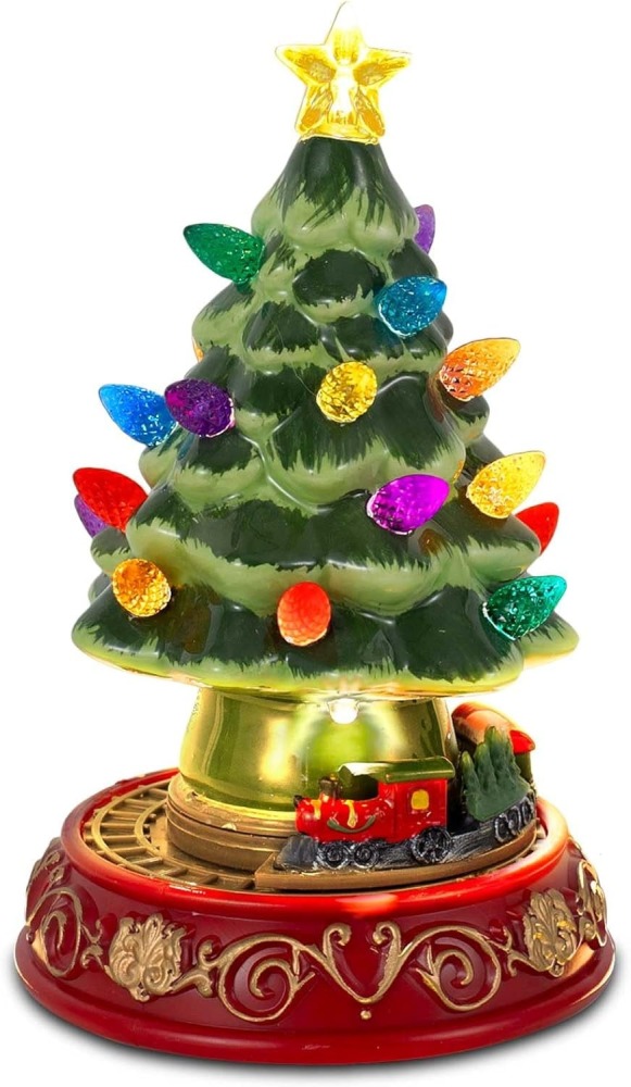 Lighted Christmas Tree with Rotating Train - Prelit Tabletop Ceramic Small Tree Decor Animated Christmas Train with Top Star & Bulbs for Best Xmas Decoration