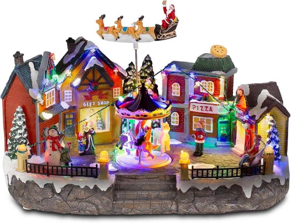 Animated Christmas Village Scene with Santa Sleigh, LED Lights & Rotating Carousel, Musical Holiday Town Square House Building with Figurines and Shops - Indoor USB Tabletop Christmas Display
