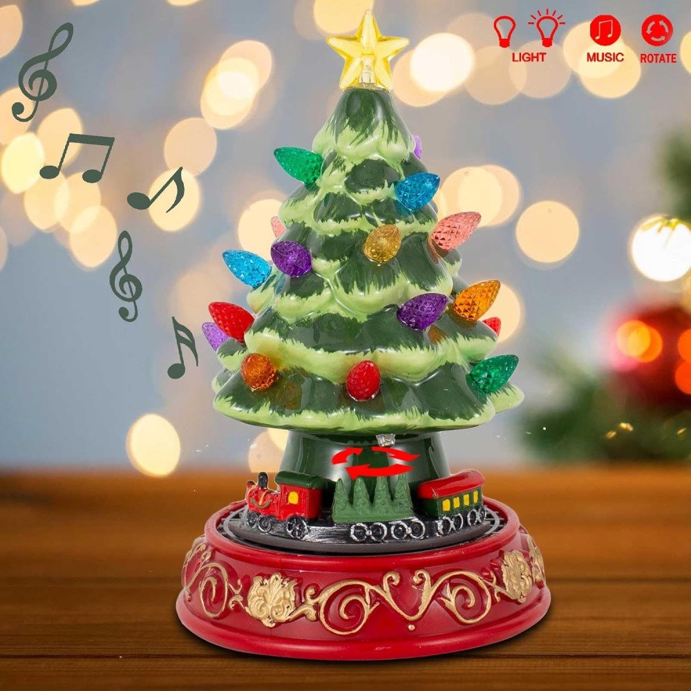 Lighted Christmas Tree with Rotating Train - Prelit Tabletop Ceramic Small Tree Decor Animated Christmas Train with Top Star & Bulbs for Best Xmas Decoration