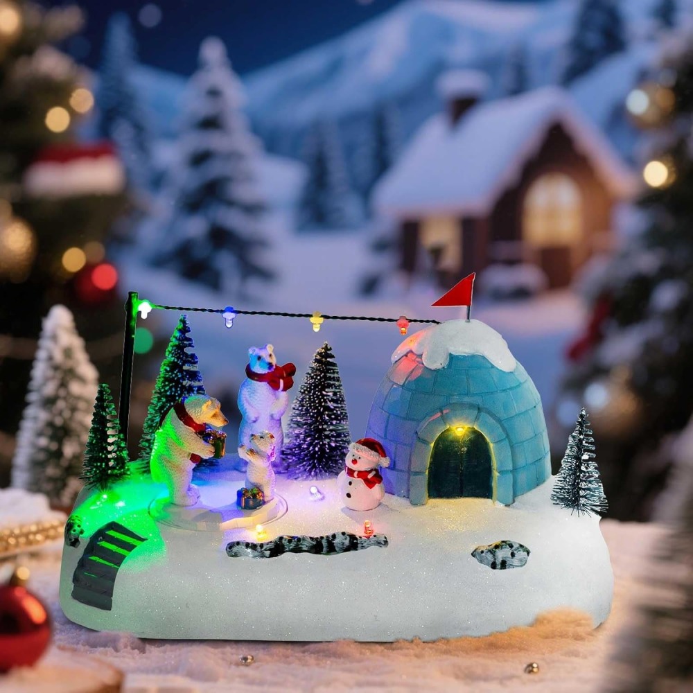 Animated Christmas Polar Bear Village Scene – LED Lighted Igloo Winter Diorama with Snowman, Resin Figurines & Rotating Display – Whimsical Holiday Decor for Tabletop or Mantel