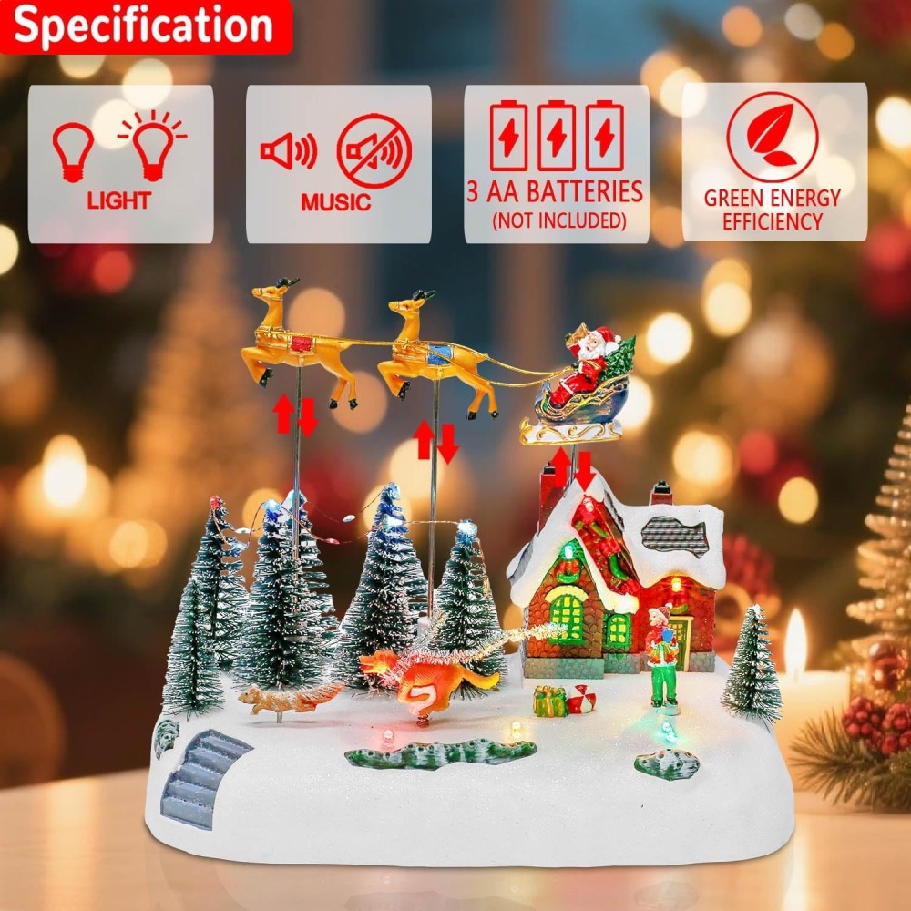 Animated Christmas Village with Santa Sleigh and Reindeer, LED Lighted House Village with Moving Figurines, Musical Indoor Christmas Decoration, Holiday Collectible Display Scene