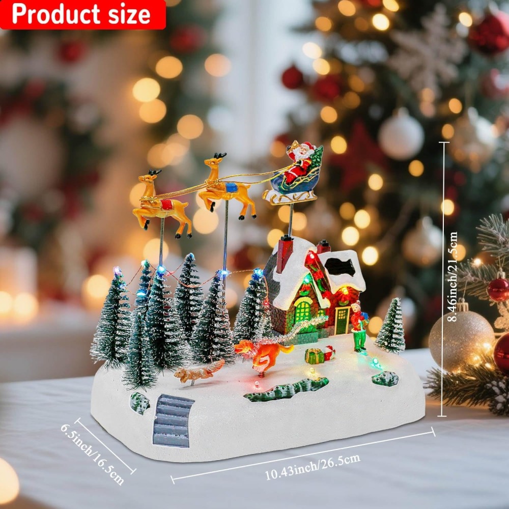 Animated Christmas Village with Santa Sleigh and Reindeer, LED Lighted House Village with Moving Figurines, Musical Indoor Christmas Decoration, Holiday Collectible Display Scene