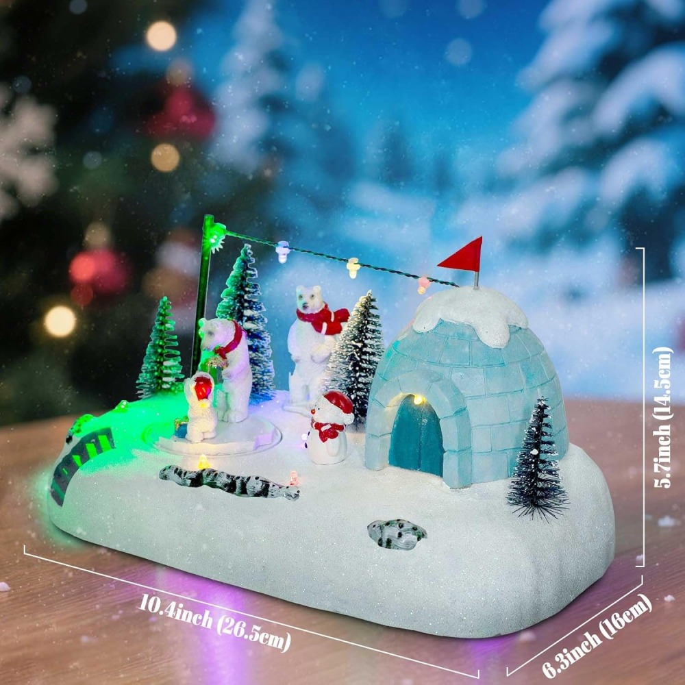 Animated Christmas Polar Bear Village Scene – LED Lighted Igloo Winter Diorama with Snowman, Resin Figurines & Rotating Display – Whimsical Holiday Decor for Tabletop or Mantel