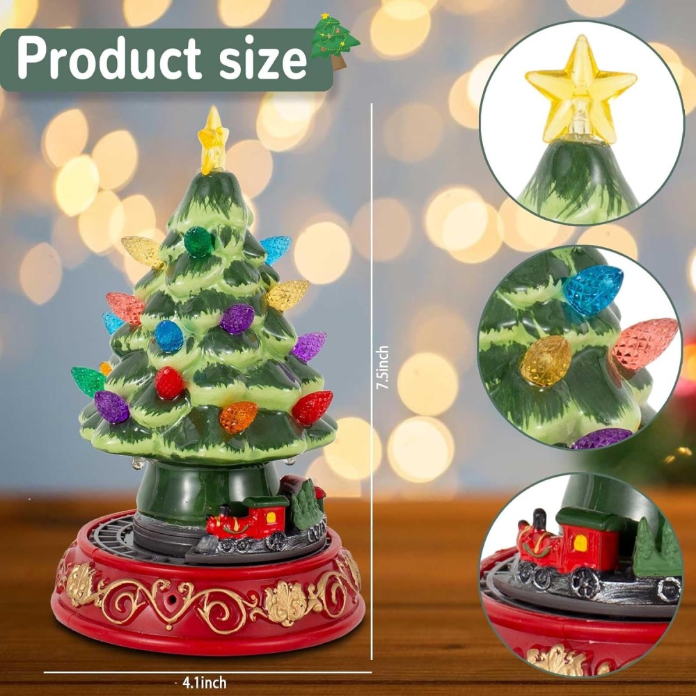 Lighted Christmas Tree with Rotating Train - Prelit Tabletop Ceramic Small Tree Decor Animated Christmas Train with Top Star & Bulbs for Best Xmas Decoration