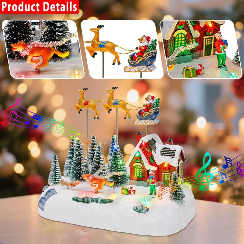 Animated Christmas Village with Santa Sleigh and Reindeer, LED Lighted House Village with Moving Figurines, Musical Indoor Christmas Decoration, Holiday Collectible Display Scene