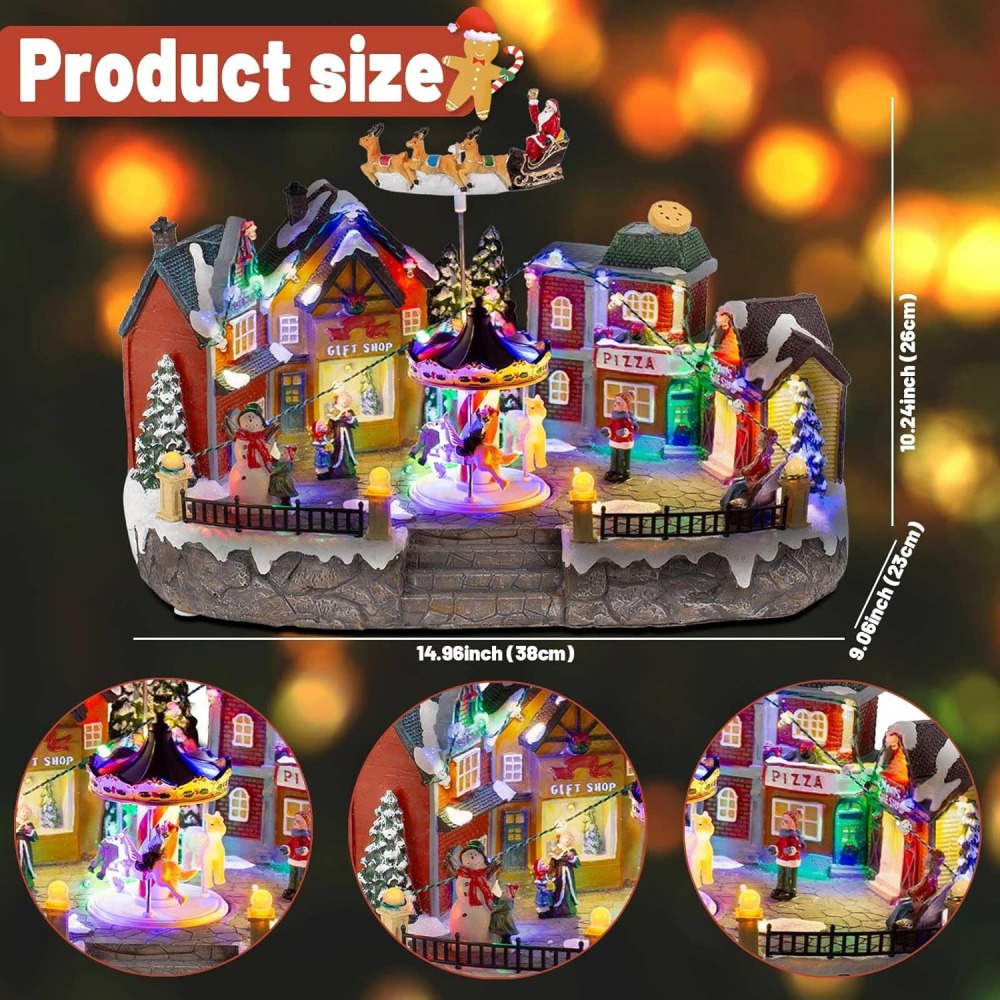 Animated Christmas Village Scene with Santa Sleigh, LED Lights & Rotating Carousel, Musical Holiday Town Square House Building with Figurines and Shops - Indoor USB Tabletop Christmas Display