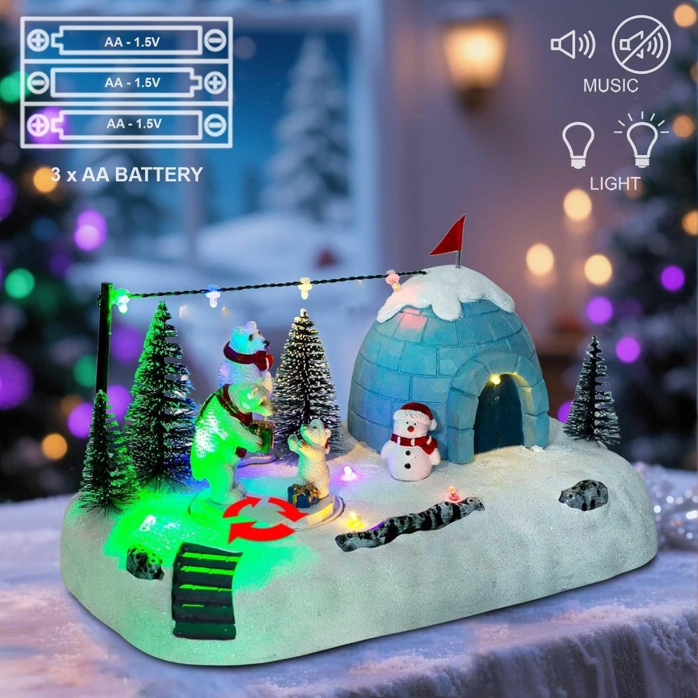 Animated Christmas Polar Bear Village Scene – LED Lighted Igloo Winter Diorama with Snowman, Resin Figurines & Rotating Display – Whimsical Holiday Decor for Tabletop or Mantel