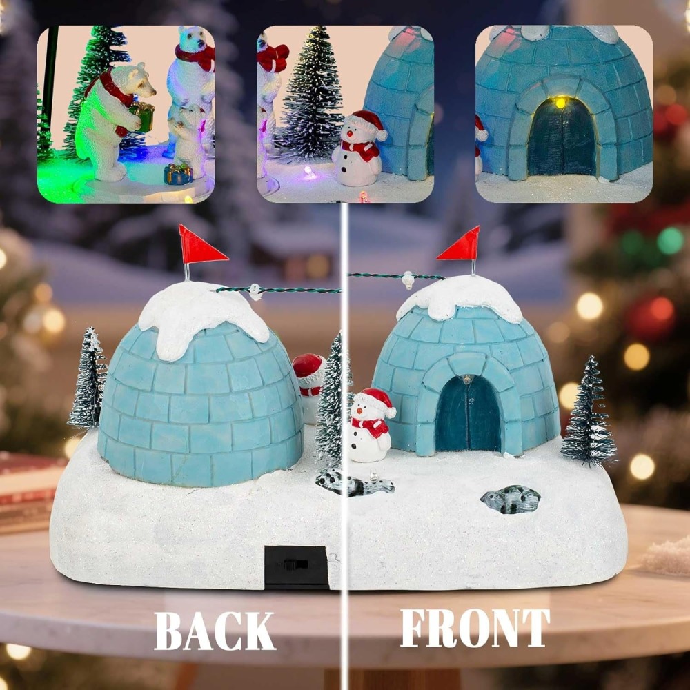 Animated Christmas Polar Bear Village Scene – LED Lighted Igloo Winter Diorama with Snowman, Resin Figurines & Rotating Display – Whimsical Holiday Decor for Tabletop or Mantel
