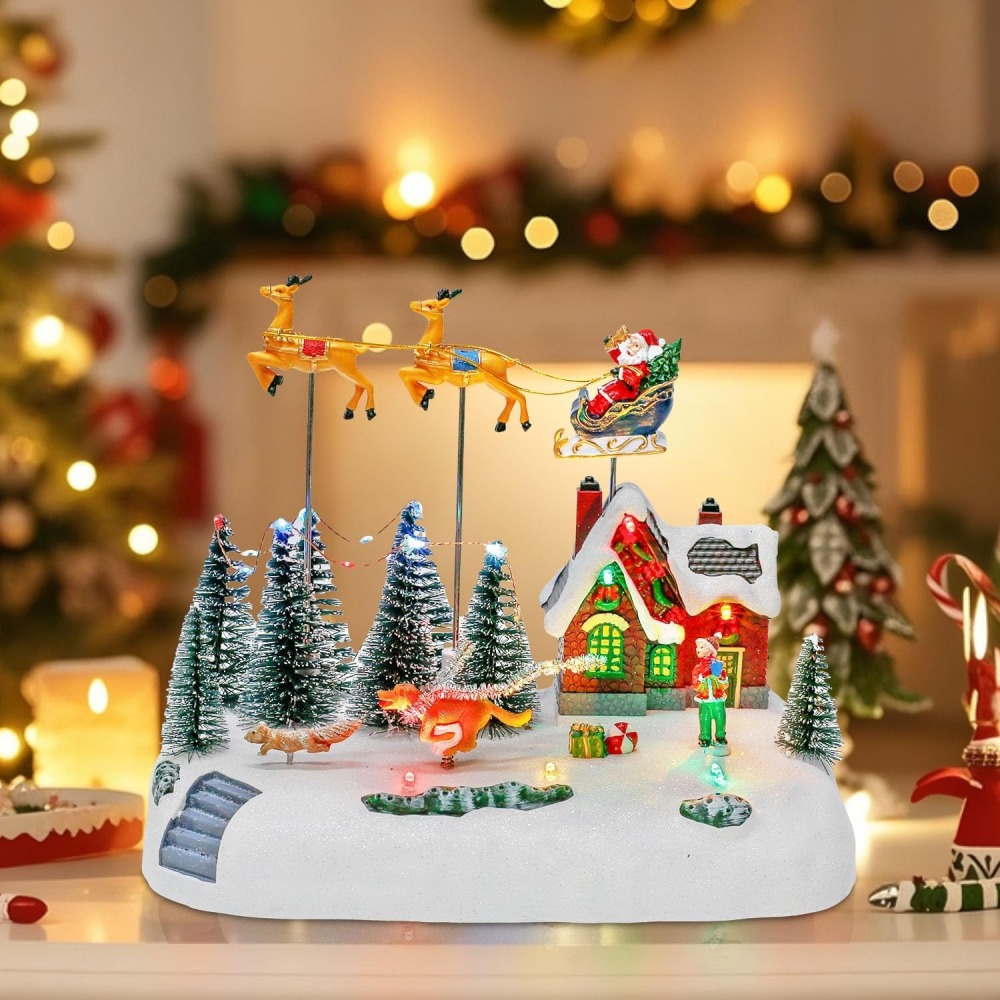 Animated Christmas Village with Santa Sleigh and Reindeer, LED Lighted House Village with Moving Figurines, Musical Indoor Christmas Decoration, Holiday Collectible Display Scene