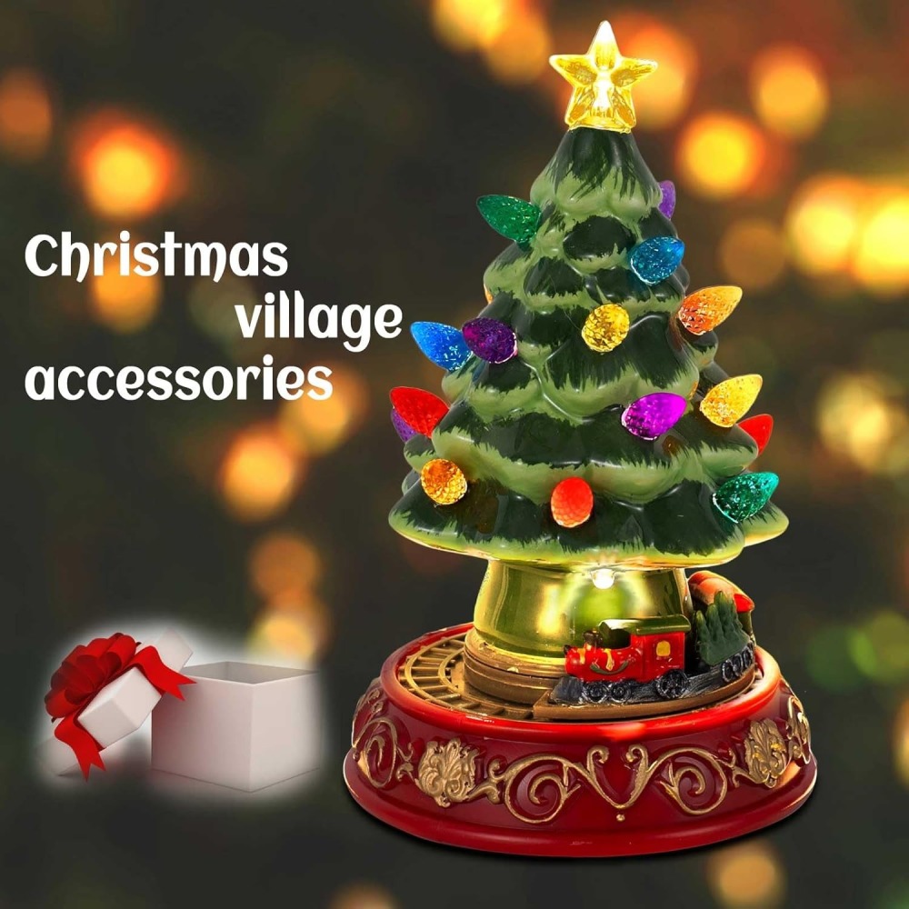 Lighted Christmas Tree with Rotating Train - Prelit Tabletop Ceramic Small Tree Decor Animated Christmas Train with Top Star & Bulbs for Best Xmas Decoration