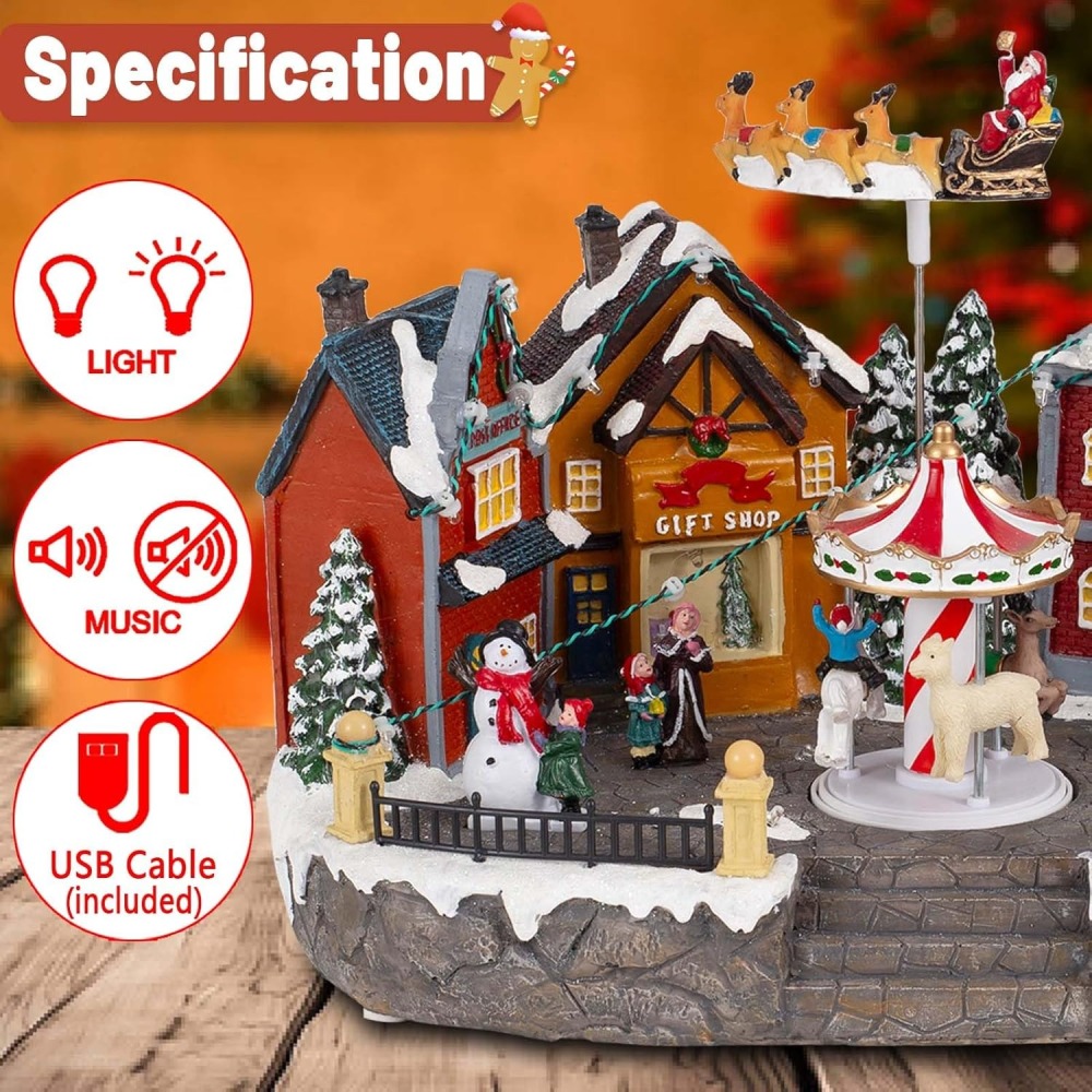 Animated Christmas Village Scene with Santa Sleigh, LED Lights & Rotating Carousel, Musical Holiday Town Square House Building with Figurines and Shops - Indoor USB Tabletop Christmas Display