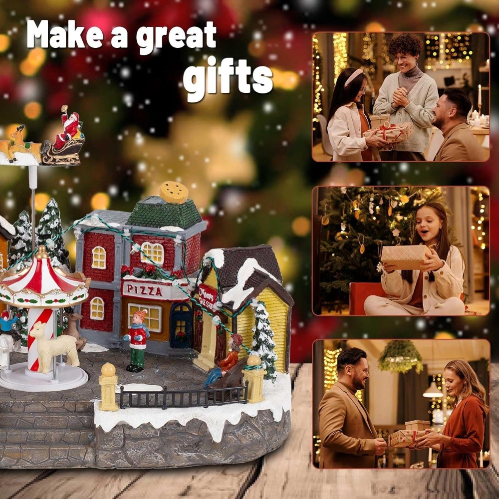 Animated Christmas Village Scene with Santa Sleigh, LED Lights & Rotating Carousel, Musical Holiday Town Square House Building with Figurines and Shops - Indoor USB Tabletop Christmas Display