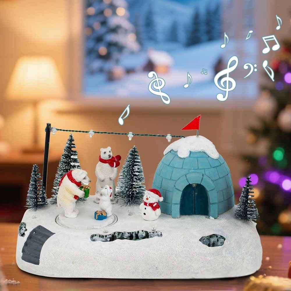 Animated Christmas Polar Bear Village Scene – LED Lighted Igloo Winter Diorama with Snowman, Resin Figurines & Rotating Display – Whimsical Holiday Decor for Tabletop or Mantel