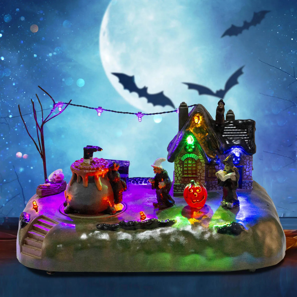 Halloween Village Witch Cauldron Bubble Figurine with Lit House Spooky Town Indoor Decoration Accessories for Holiday Display