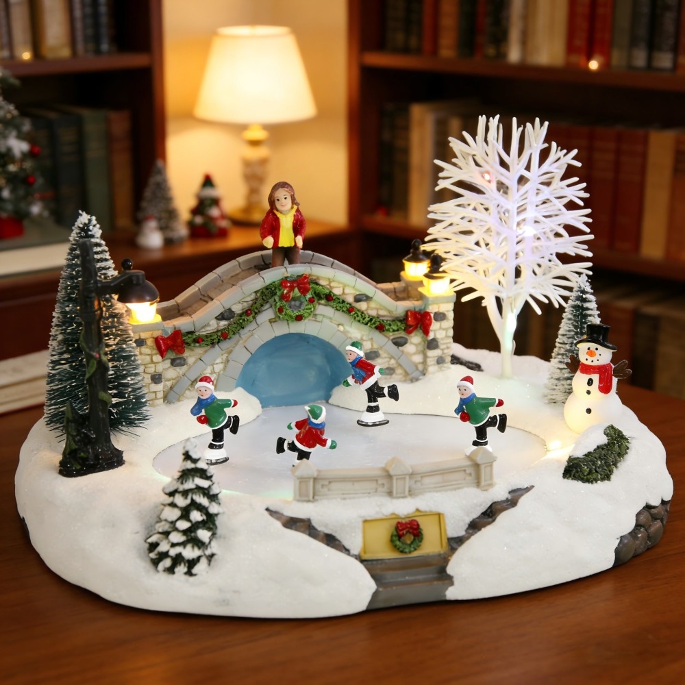 Animated Christmas Village Skating Scene, Collection Building Figurines Lights Ice Skating Rink Christmas Village Accessory, Musical by USB only