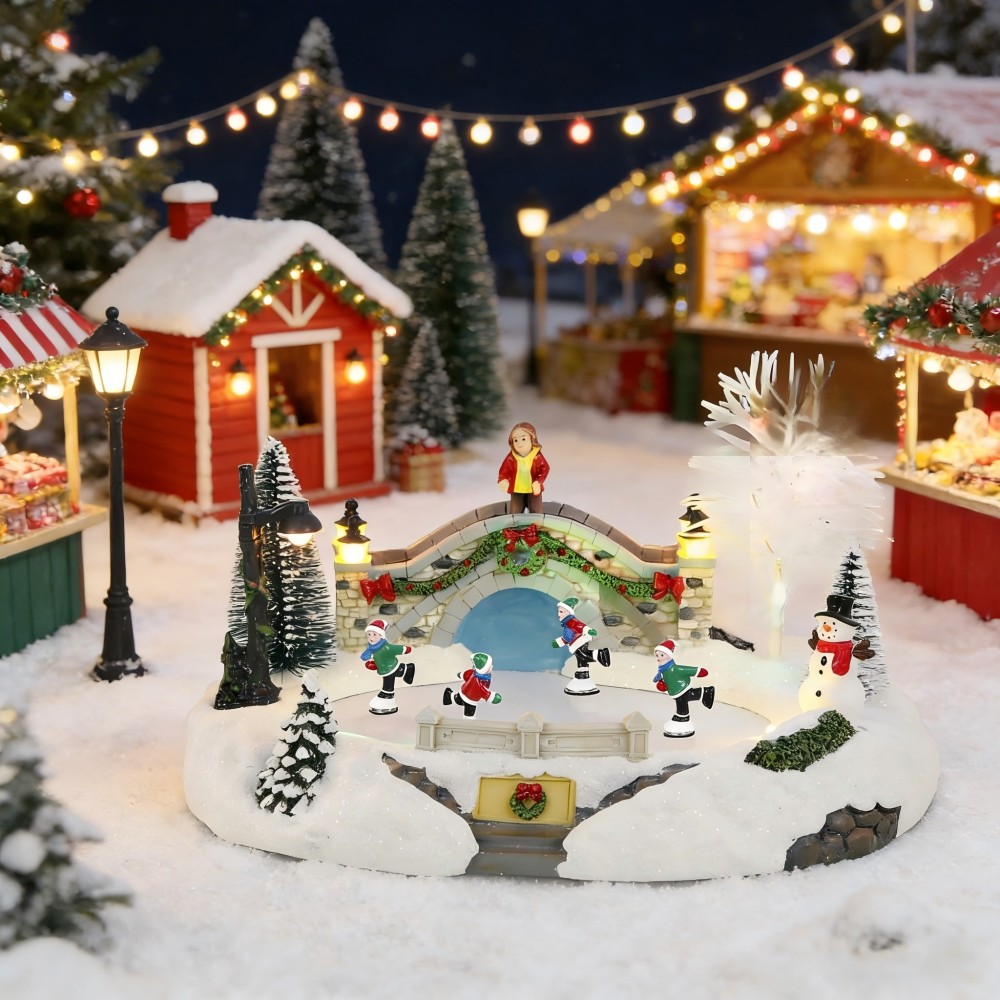 Animated Christmas Village Skating Scene, Collection Building Figurines Lights Ice Skating Rink Christmas Village Accessory, Musical by USB only