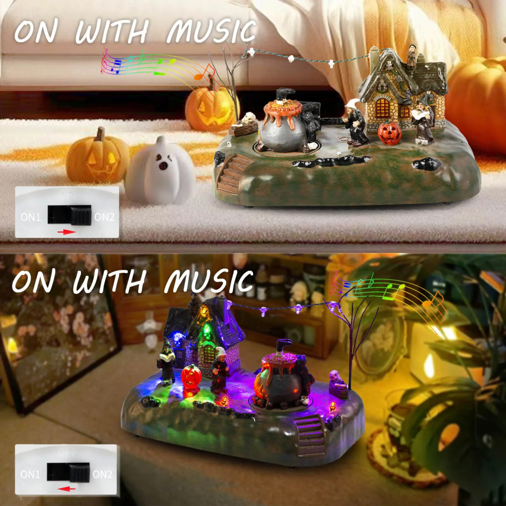Halloween Village Witch Cauldron Bubble Figurine with Lit House Spooky Town Indoor Decoration Accessories for Holiday Display