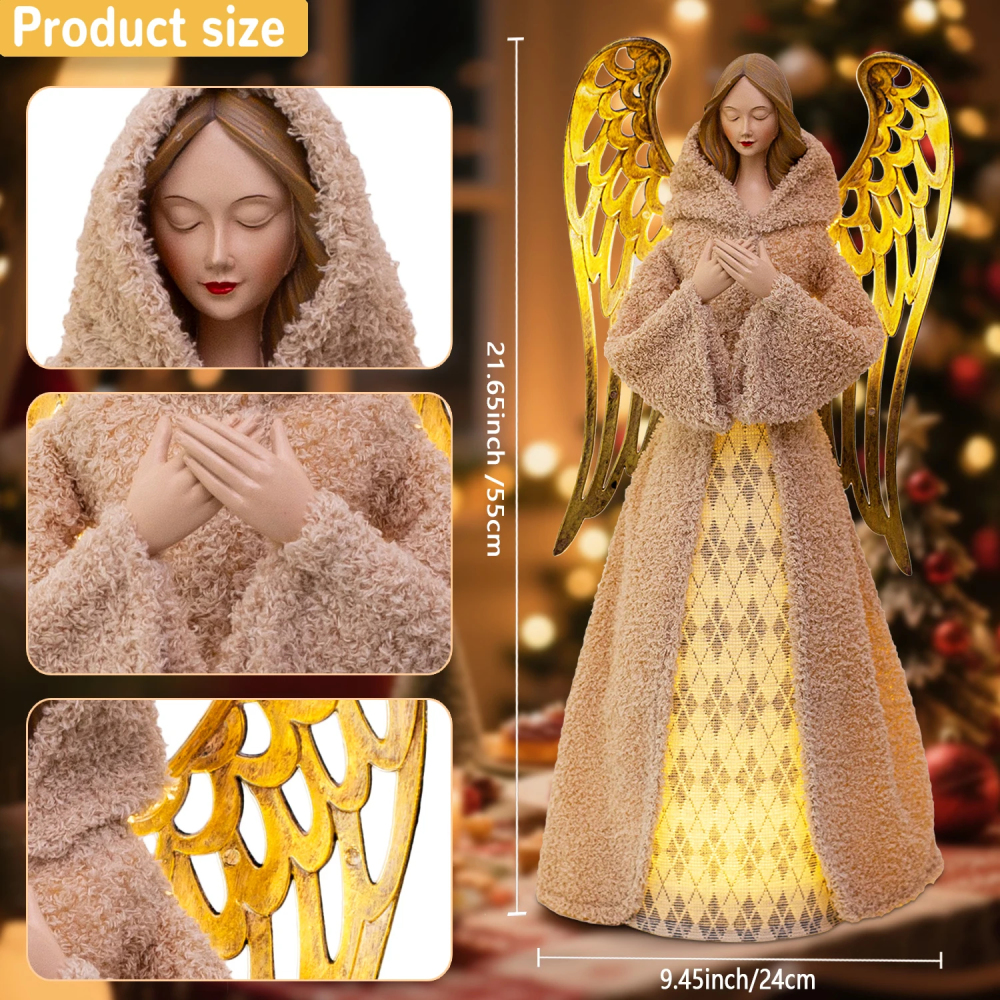Pre-Lit Guardian Angel Christmas Figurine Fabric Doll with Gold Wings LED Lights for Festive Home Decor Women's Gift