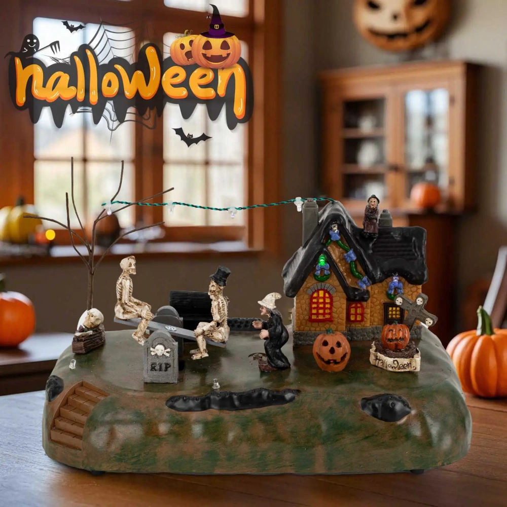Halloween Village House Decoration with Rip Tombstones See-Saw and LED Light Terror Laughter Scary Collectible Building Holiday