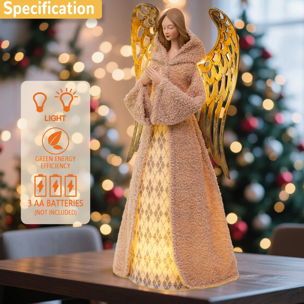 Pre-Lit Guardian Angel Christmas Figurine Fabric Doll with Gold Wings LED Lights for Festive Home Decor Women's Gift