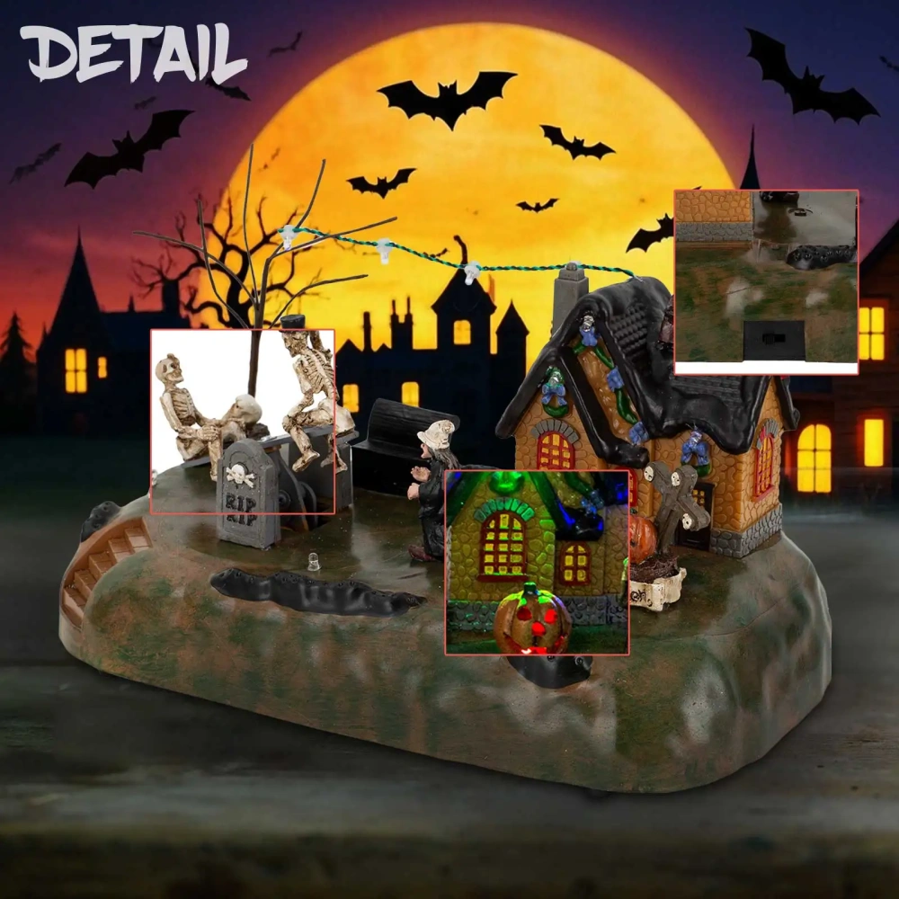 Halloween Village House Decoration with Rip Tombstones See-Saw and LED Light Terror Laughter Scary Collectible Building Holiday