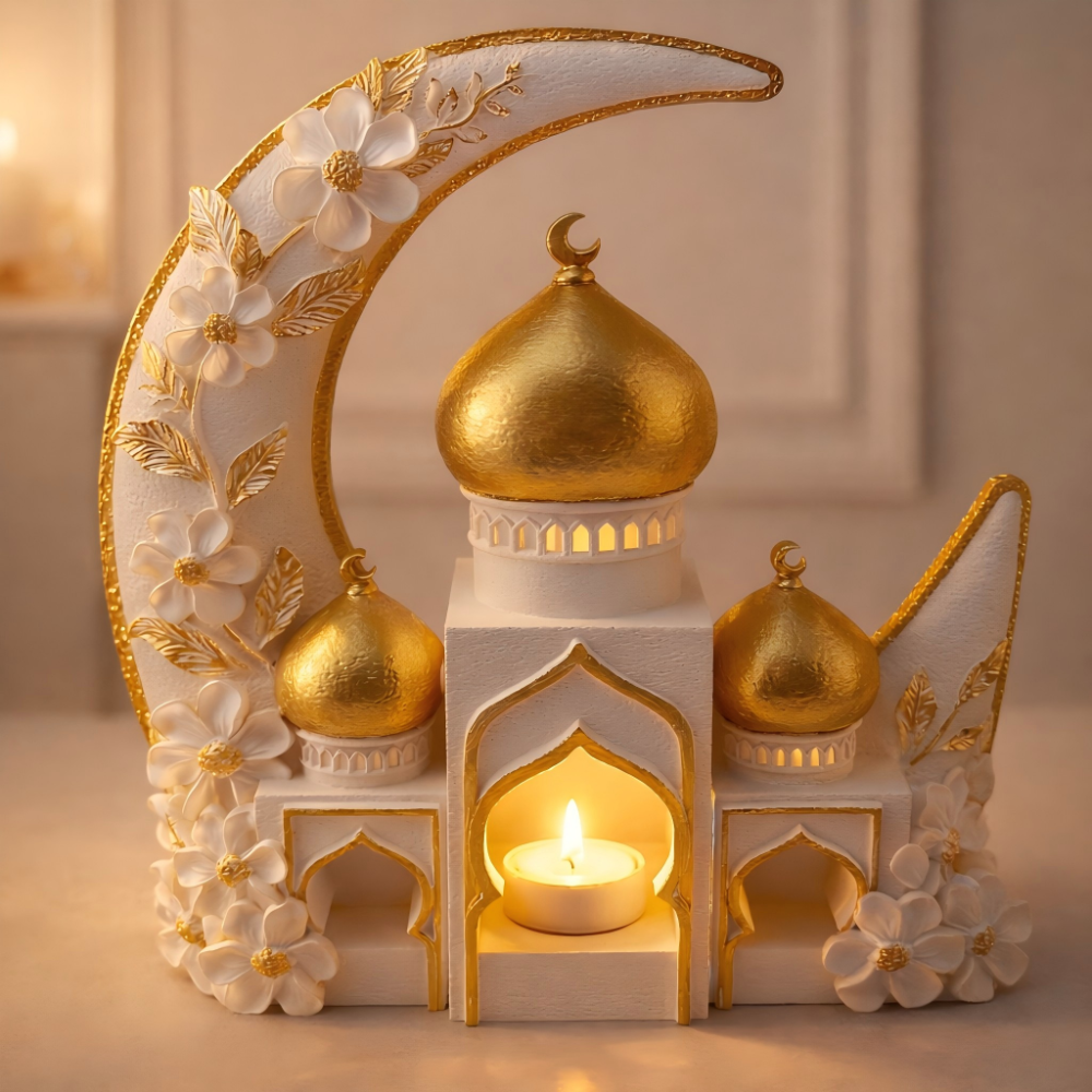 Islamic Moon Mosque Tealight Holder Decoration, Resin Eid Ramadan Table Decor with Candle Light for Muslim Home & Festival Display