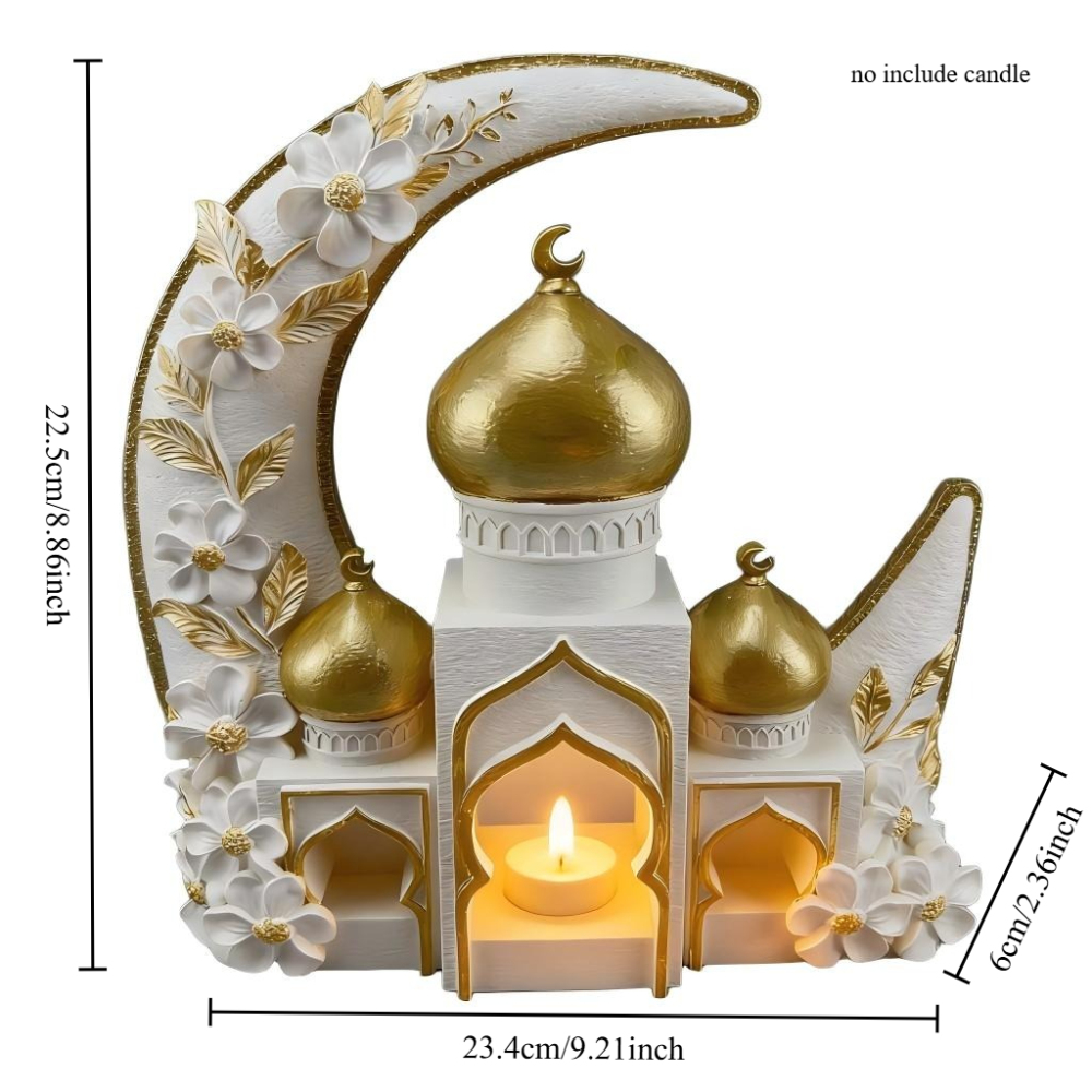 Islamic Moon Mosque Tealight Holder Decoration, Resin Eid Ramadan Table Decor with Candle Light for Muslim Home & Festival Display